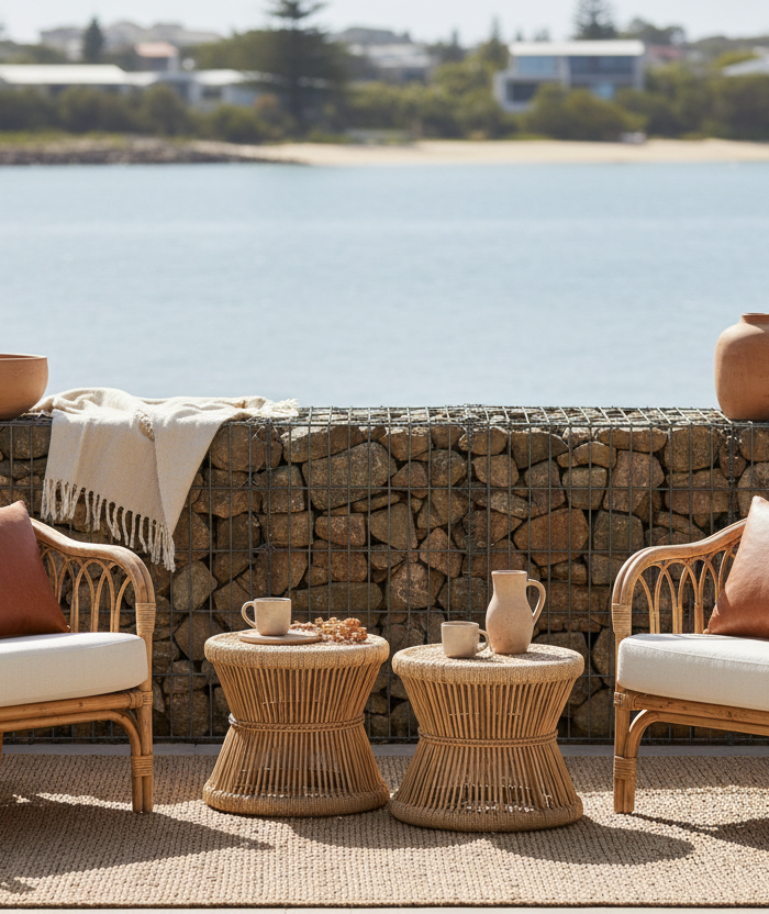 architectural gabion boundary wall, styled with cane chairs, woven stools, linen cushions, ceramic vessels, soft earthy tones, water view,  modern bohemian Australian outdoor living, minimal and calm

Camera settings:

50mm lens, f/2.8, ISO 100, 1/250s, shallow depth of field