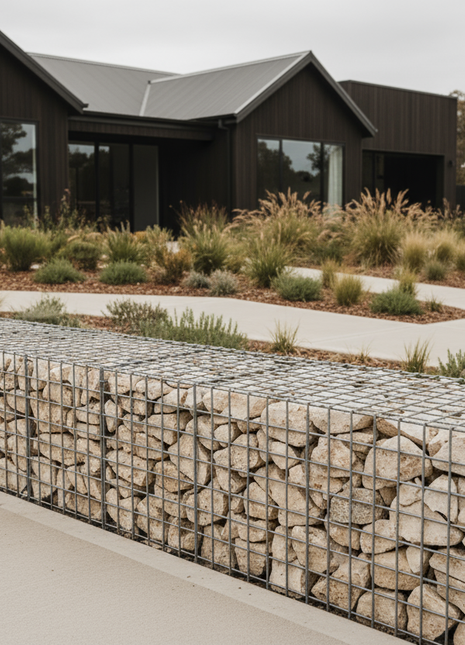  Photorealistic modern farmhouse setting with gabion retaining walls, each cage 0.5m (W) x 0.5m (H) x 2m (L), using WA limestone spalls (max 200mm), square grey mesh. Surroundings feature Nordic-inspired landscaping—subtle natives and ornamental grasses, clean modern lines. Soft overcast daylight, warm tone. Full-frame DSLR, 24mm, f/5.6, ISO 100, 1/200 sec, daylight (+200K), -0.5 EV, focus on gabion retaining wall, matte filter.