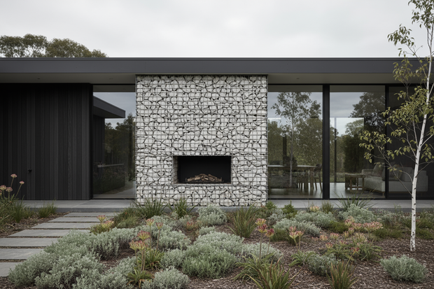 Photorealistic Nordic modern exterior with clean lines and minimalist design, featuring gabion fireplace with mesh and limestone spalls (maximum 200mm),  soft overcast daylight, realistic shadows, native australian landscaping, crisp high-resolution detail, and realistic textures. Shot on Canon EOS R5, 24mm wide-angle lens, aperture f/11, ISO 100, shutter speed 1/30s, soft overcast daylight, high resolution, photorealistic architectural photography style. Gabion wall with rectangular metal wire mesh grid,