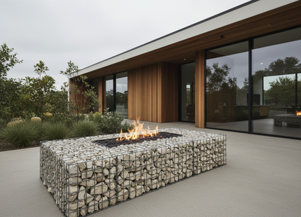 Photorealistic Nordic modern exterior with clean lines and minimalist design, featuring gabion stone rectangular firepit with mesh and limestone spalls (maximum 200mm),  soft overcast daylight, realistic shadows, native australian landscaping, crisp high-resolution detail, and realistic textures. Shot on Canon EOS R5, 24mm wide-angle lens, aperture f/11, ISO 100, shutter speed 1/30s, soft overcast daylight, high resolution, photorealistic architectural photography style. 
