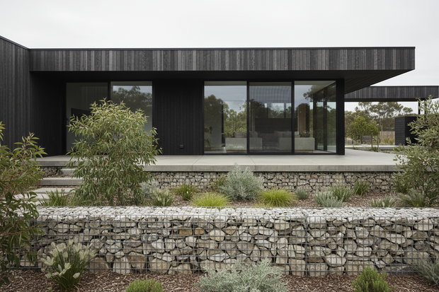 Photorealistic Nordic modern exterior with clean lines and minimalist design, featuring landscaping with gabion stone walls with mesh and limestone spalls (maximum 200mm),  soft overcast daylight, realistic shadows, native australian landscaping, crisp high-resolution detail, and realistic textures. Shot on Canon EOS R5, 24mm wide-angle lens, aperture f/11, ISO 100, shutter speed 1/30s, soft overcast daylight, high resolution, photorealistic architectural photography style. rectangular metal wire mesh grid,