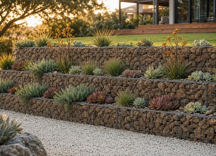 Three-tier gabion retaining wall with succulent planting, built with Gabion Fabrication DIY wall kits